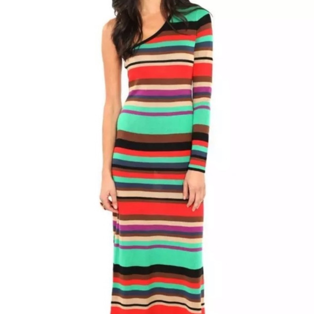 NEW BCBG MAXAZRIA Anadia Stripe Maxi One shoulder Silk Maxi Dress